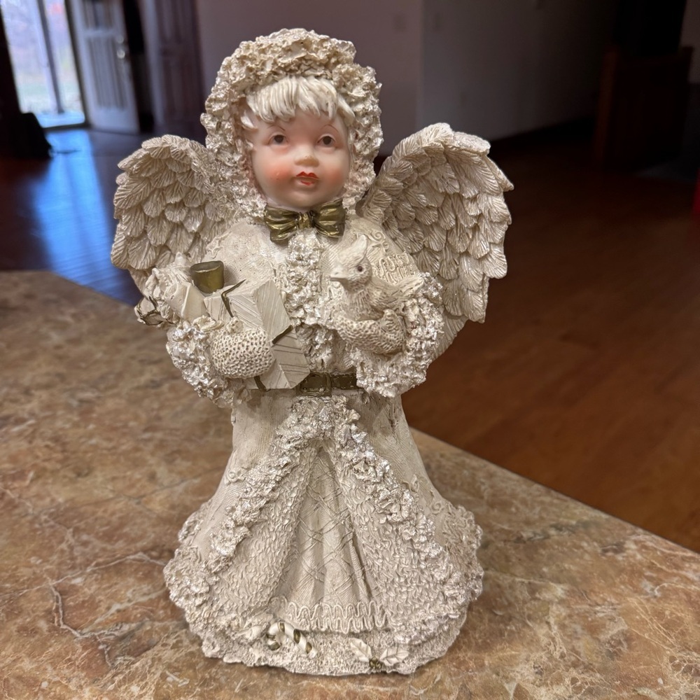 Vintage Resin Christmas Angel 11" Tall Figurine Cream Bronze Winter Decor Statue